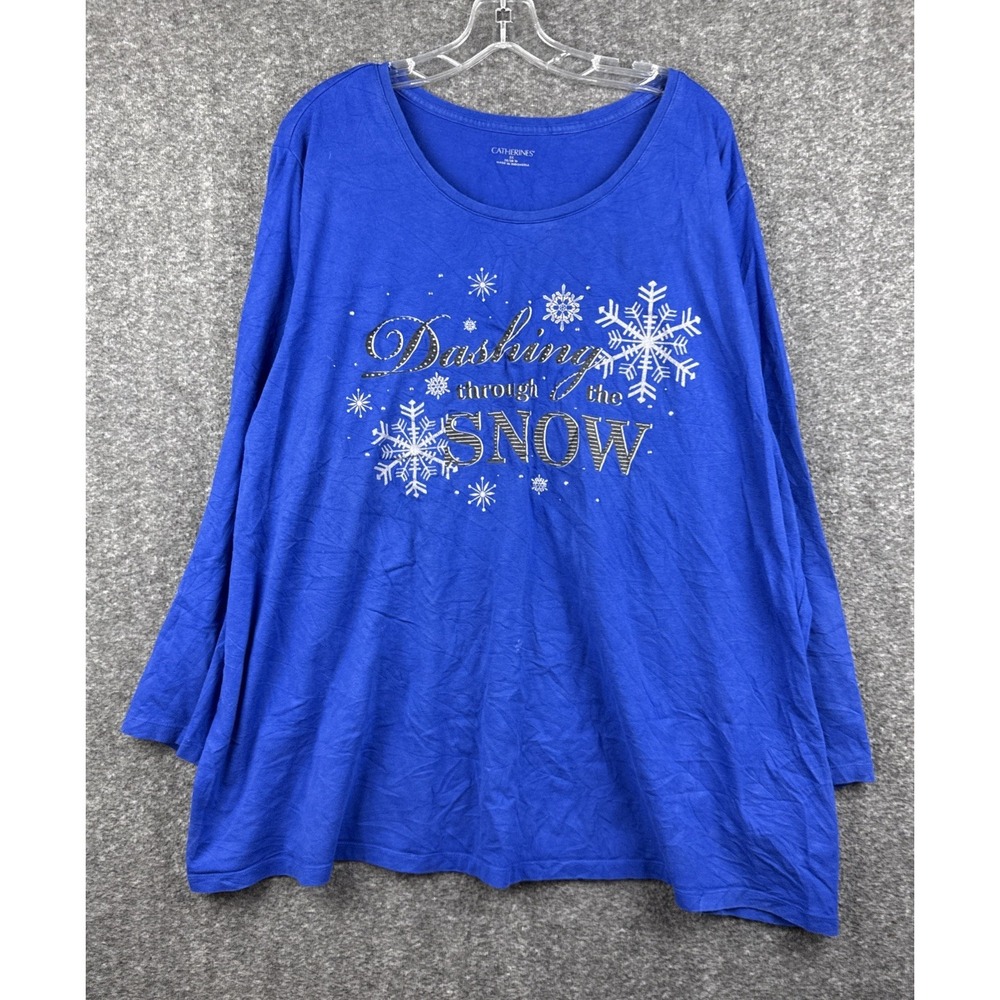 Catherines Blue Christmas Pullover 3X 26/28W Dashing Through The Snow Glitter